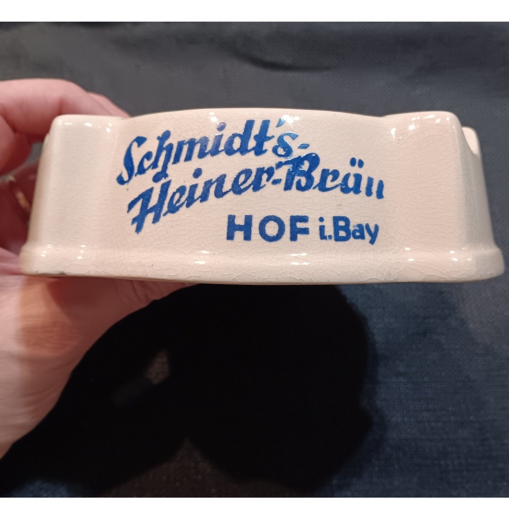 Vintage Schmidt's Heiner-Bräu HOF‎ i.Bay German Beer Ceramic Ashtray Off-White